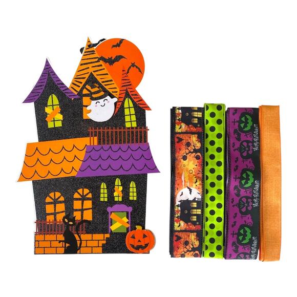 Haunted House Halloween Sign & Ribbon Bundle | DIY Wreath Making Kit Supplies - Picture 1 of 5